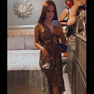 Brown Snake-Print Cutout Midi Dress